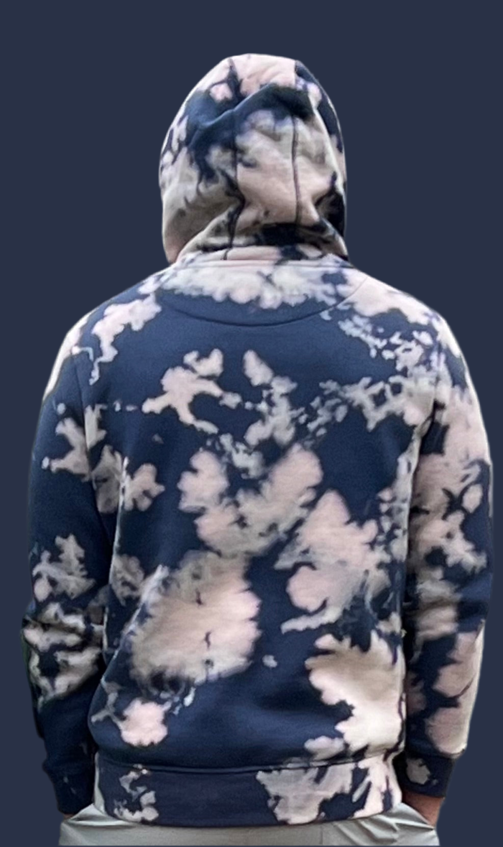 Frolix Fiberworx Original- Reverse Dye on Large Navy Hoodie- One of a Kind!