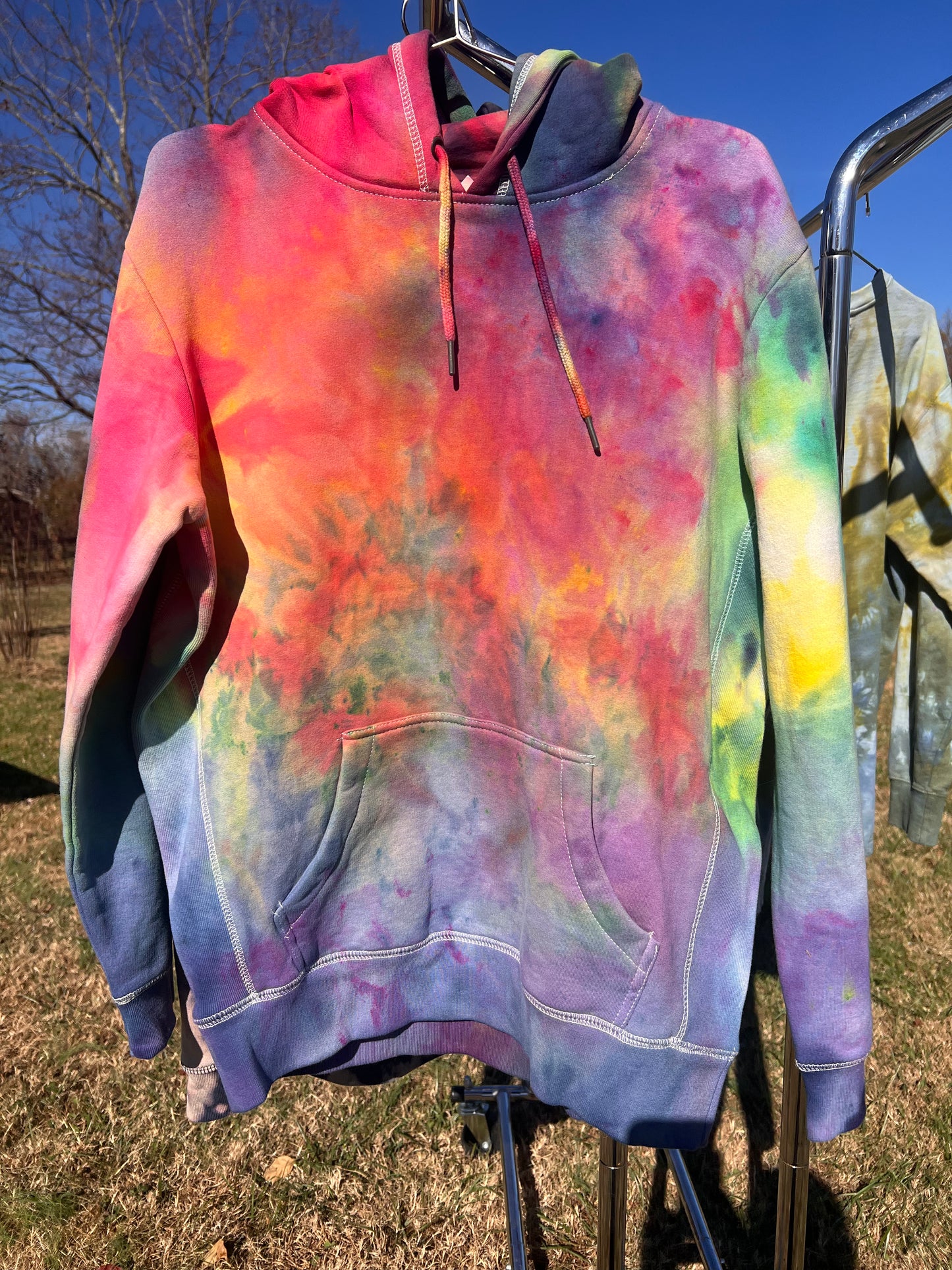 Frolix Fiberworx Original- Rainbow Ice-Dye Hoodie in Unisex Large- One of a Kind!