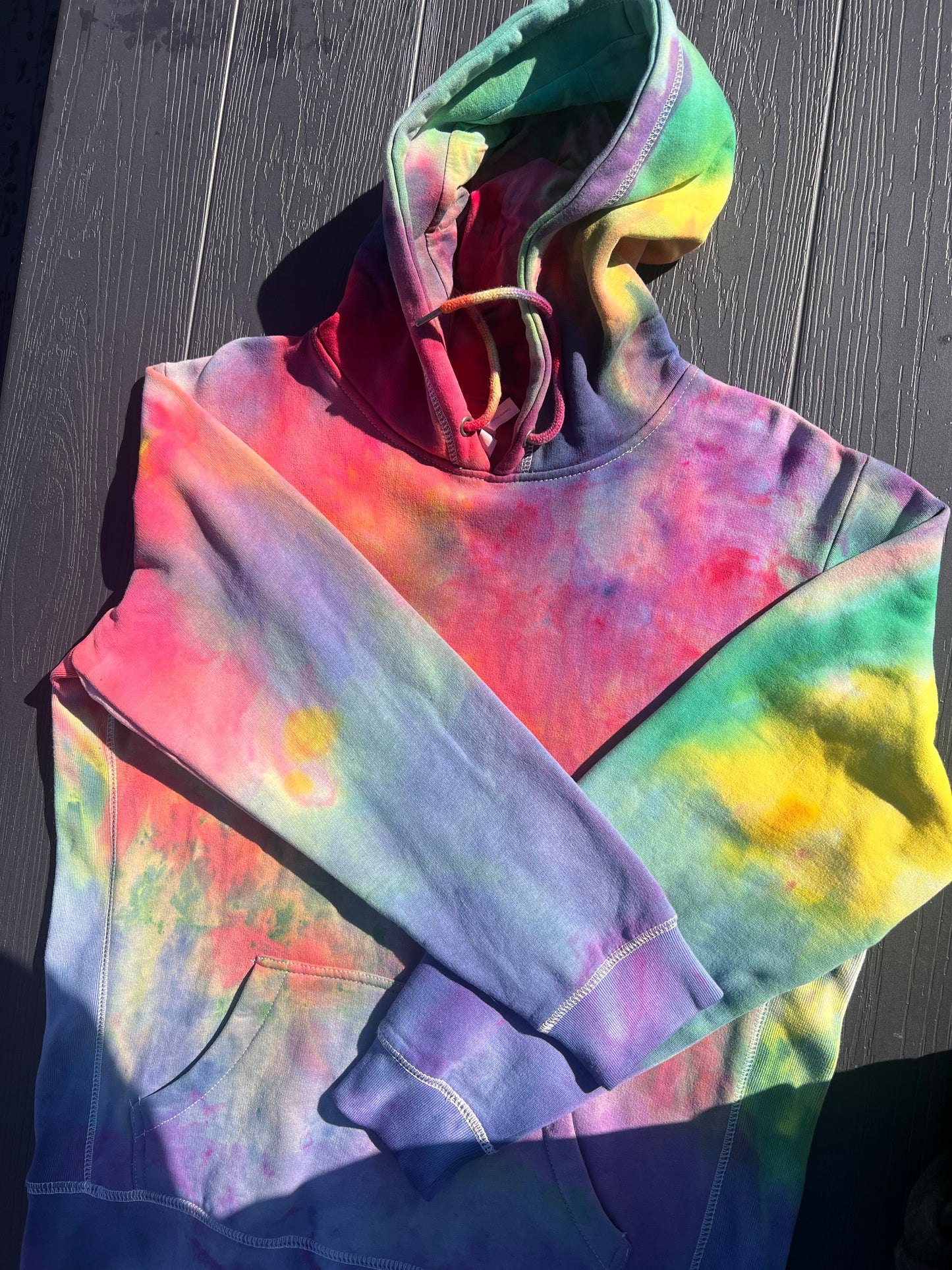 Frolix Fiberworx Original- Rainbow Ice-Dye Hoodie in Unisex Large- One of a Kind!