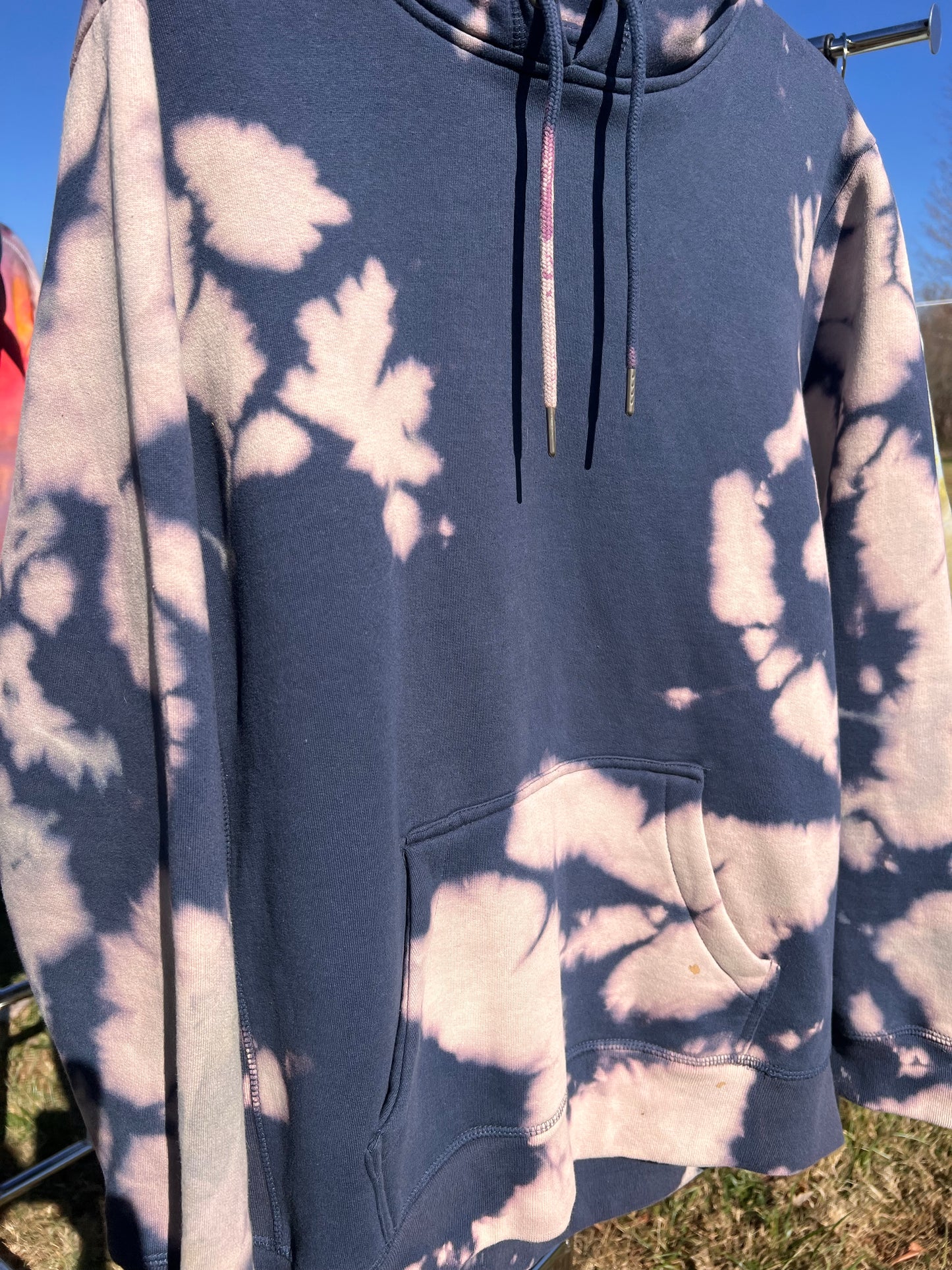Frolix Fiberworx Original- Reverse Dye on Large Navy Hoodie- One of a Kind!
